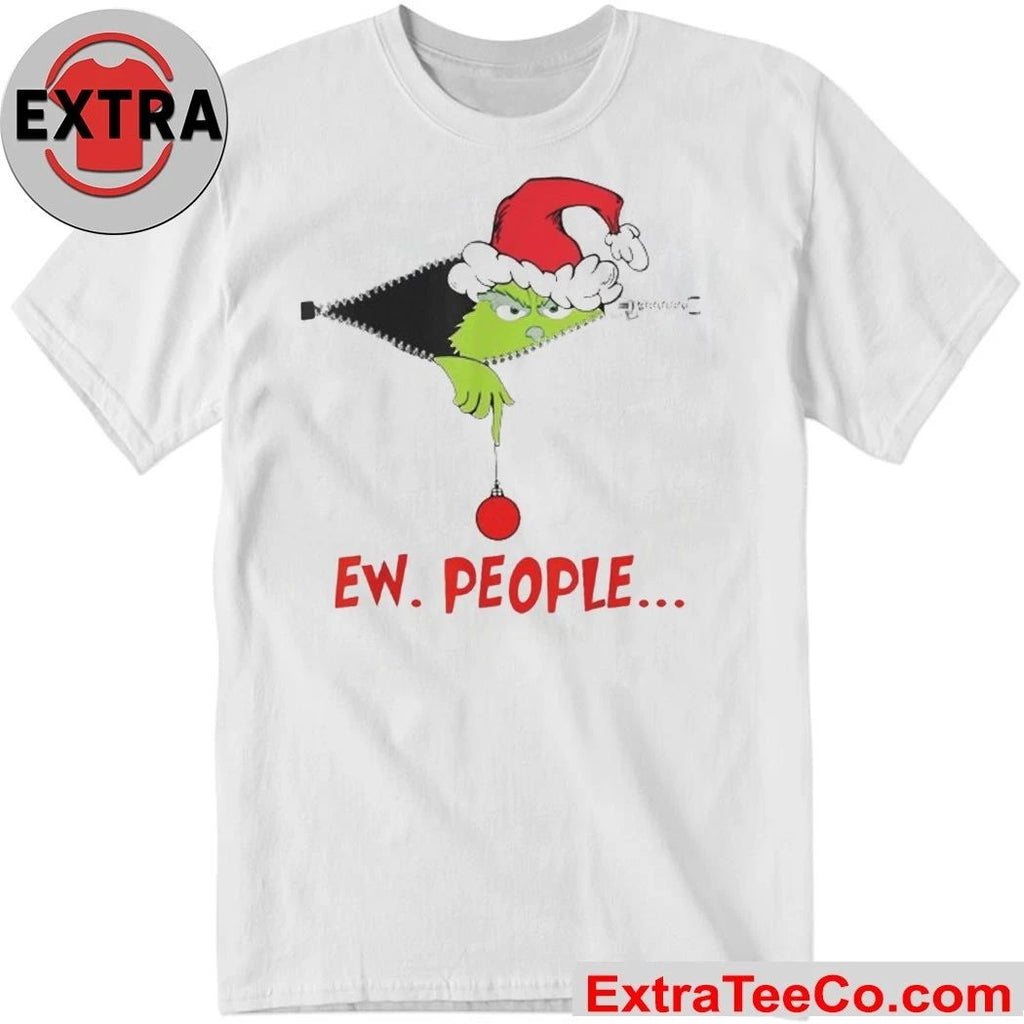 Ew People Christmas Shirt Grinch, wearing a Santa hat, peeks out from the zipper Xmas 2025 Tee