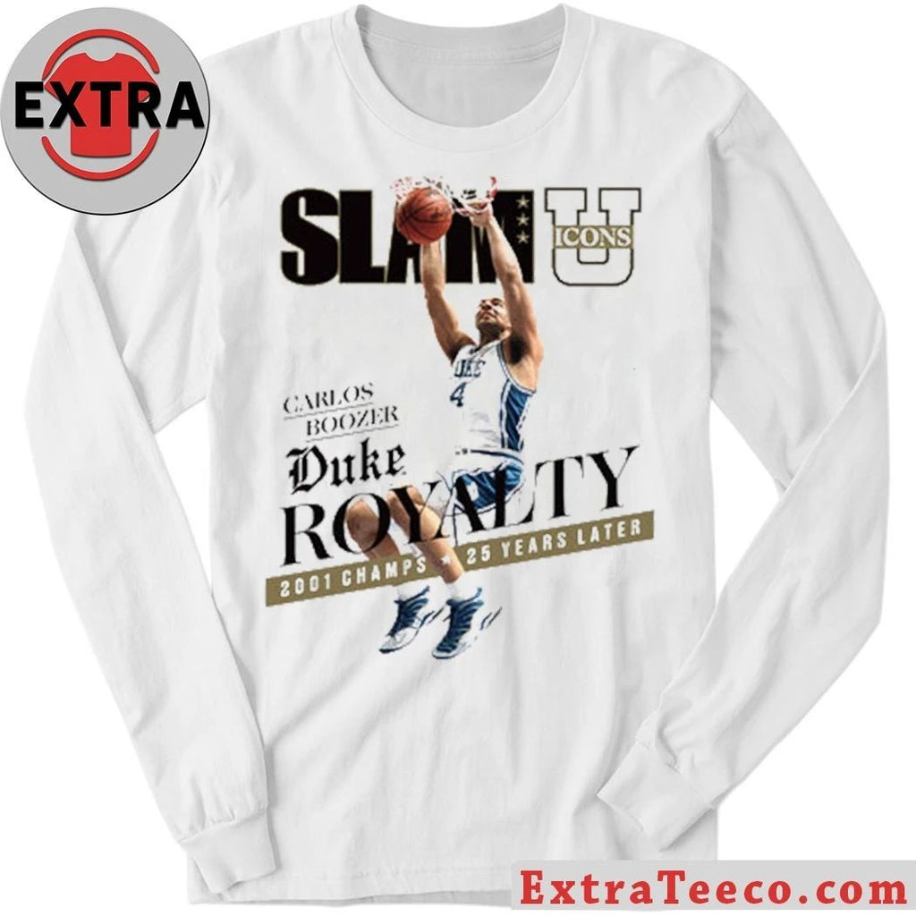 This commemorative T-shirt from the SLAM U ICONS collection honors Duke’s 2001 national championship team, featuring player Carlos Boozer