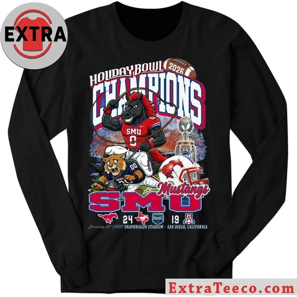 Original T-shirt commemorating the SMU Mustangs’ 2026 Holiday Bowl championship victory (24-19) at Snapdragon Stadium, San Diego, California