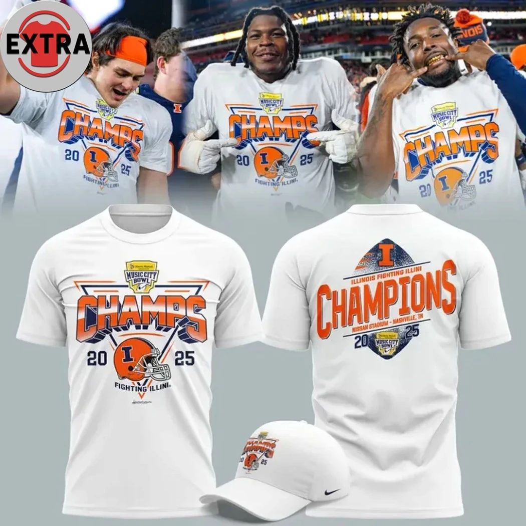 Illinois Fighting Illini Football 2025 Music City Bowl Champions Helmet And Logo Hoodie T-Shirt