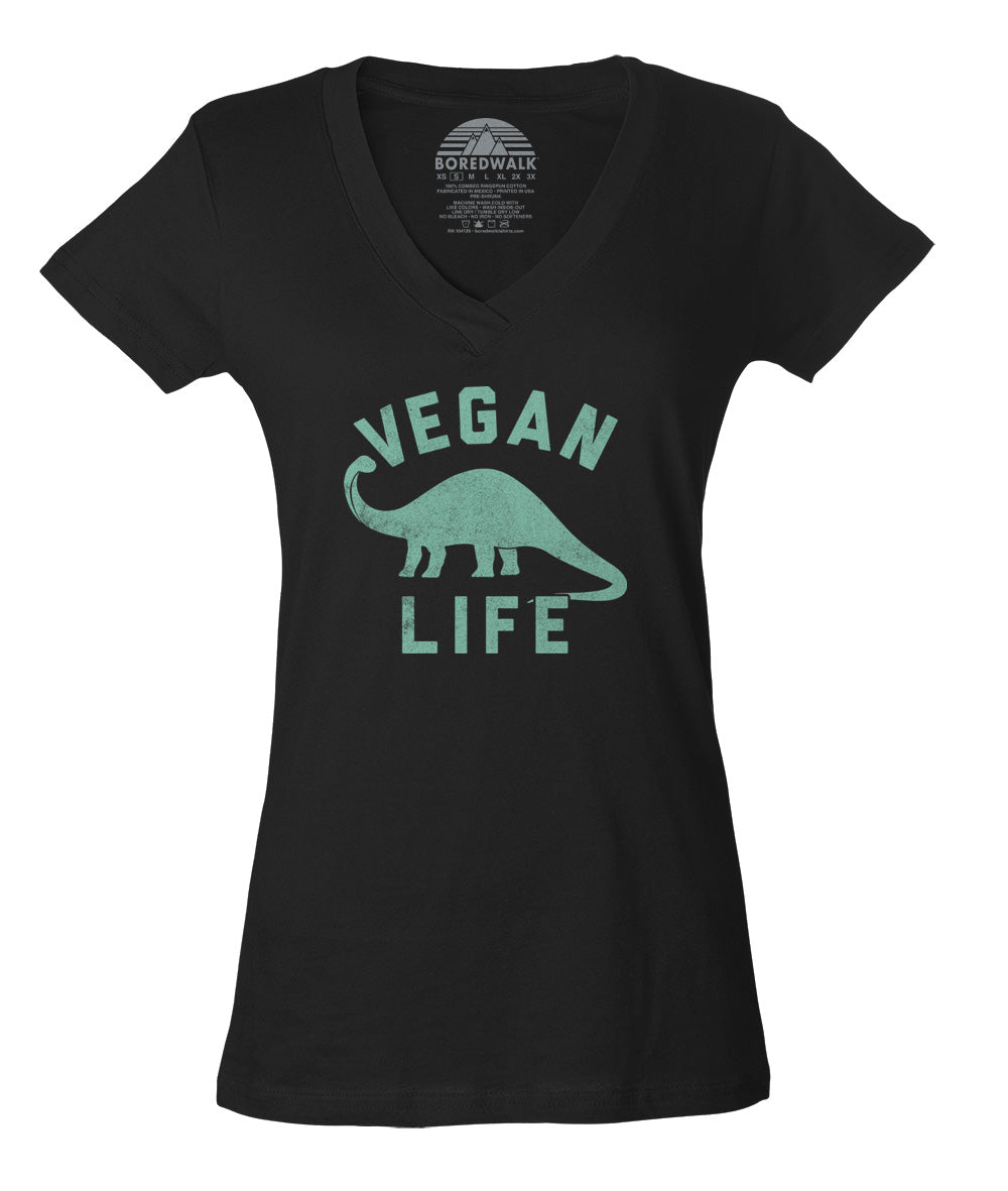 Women's Brontosaurus Vegan Life Vneck T-Shirt - Funny Vegan Shirt